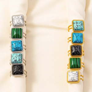Retro Square Faux Stone Ring Stainless Steel Adjustable Open Band Geometric Minimalist Jewelry For Women Men