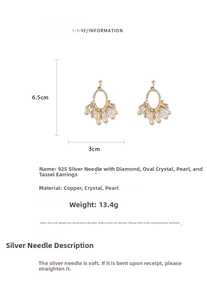 Detail showing 6.5cm crystal pearl tassel earrings with 925 silver needle specifications