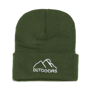 Close-up of outdoor mountain embroidery on a dark green ribbed knit beanie cap