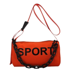 Sac bandoulière orange en nylon pour femme avec chaîne noire et logo SPORT pour loisirs