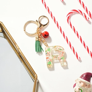 Christmas Letter R Resin Keychain Red Bell Green Tassel Miniature Santa Tree Snowflake Inlaid Key Ring Bag Charm Gift