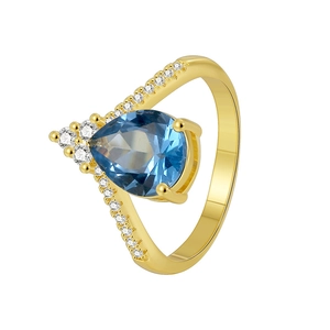 French style gold ring with pear-shaped blue zircon and side diamond accents