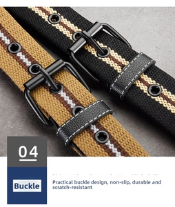 Detail of durable canvas belt featuring a matte black pin buckle and metal eyelets