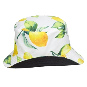 White cotton bucket hat with yellow lemon print and black lining for sun protection