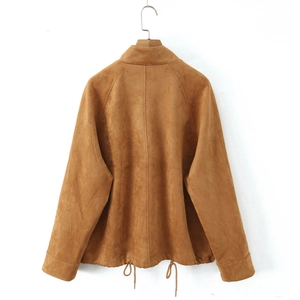 Back view of a camel suede jacket featuring a stand collar and adjustable drawstring hem