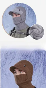 Close-up of thick fleece lining and knit texture of winter integrated neck warmer hat