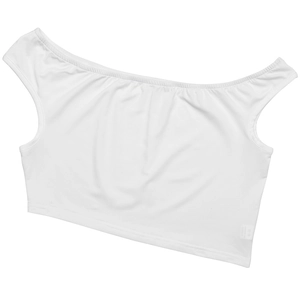 Detail shot of the white strapless crop top with elastic fabric and straight hemline