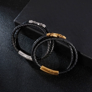 Men's Bracelet 316L Stainless Steel Braided Genuine Leather Double Row Horsebit Magnetic Clasp Retro Punk Jewelry