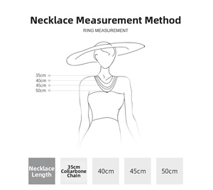 Size guide showing stainless steel necklace lengths from 35cm to 50cm on the neck