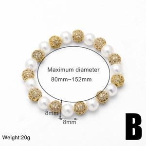 Detail view of 8mm pearl bracelet with gold-plated zircon evil eye charm and dimensions