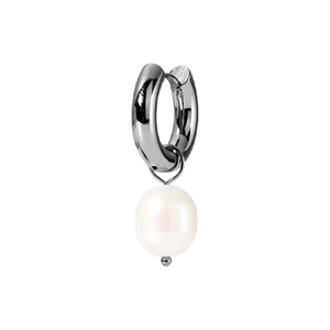 Minimalist silver stainless steel hoop earring featuring a natural freshwater pearl drop