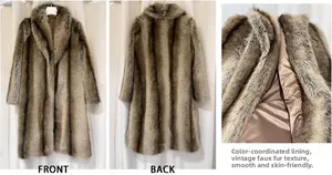 Detailed front and back view of long faux fur coat with tiger stripe texture and satin lining
