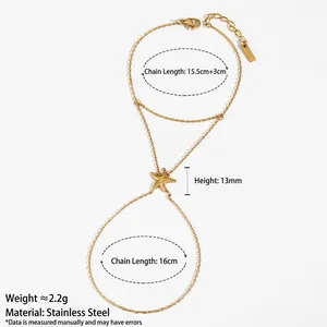 Minimalist stainless steel starfish hand chain bracelet in gold finish with size details