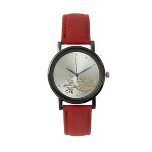 Women's quartz watch with red suede strap and silver floral patterned dial