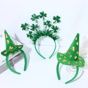St. Patrick's Day headbands with green shamrocks and gold mini top hats set of three