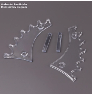 Exploded view of clear acrylic pen rack components showing side panels and rods