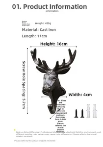 Detailed specs of rustic cast iron deer head hook including dimensions and mounting kit