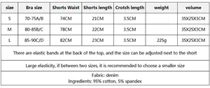 Guida alle taglie per set bikini in denim con misure dettagliate S, M, L e materiali