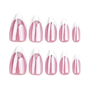 French almond press-on nails with pink base and white tips arranged symmetrically