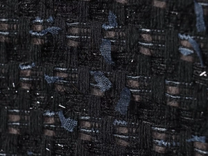 Close-up of black tweed fabric with metallic silver threads and blue lace texture