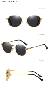 Three perspectives of gold-black metal sunglasses showing front, side and back views