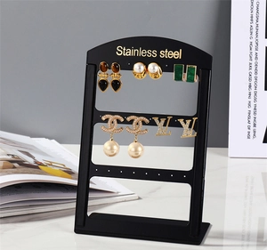 Detailed view of black 24-hole earring display stand with stainless steel marking