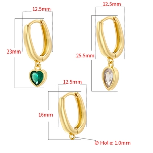 Gold heart earrings with green crystals and water drop charms including dimensions