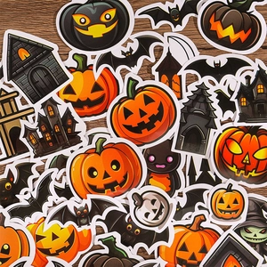 Cute Halloween stickers with pumpkins and bats on a dark wooden background