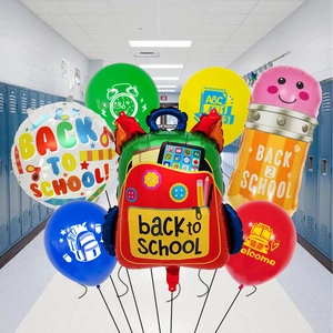 Back to School balloon set with school bus and pencil foil shapes for classroom decor