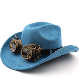 Close-up of steampunk style blue suede cowboy hat with vintage industrial goggles detail