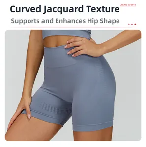 Détail du short de fitness taille haute bleu ardoise avec texture de contour sans couture