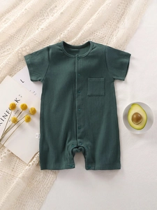 Dark green cotton ribbed baby romper with short sleeves and front buttons