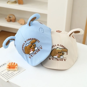 Cute baby newsboy caps with puppy print and 3D ears in blue and off-white colors