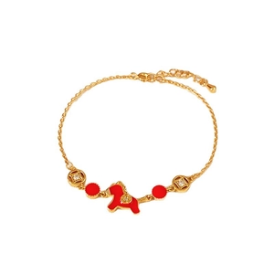 18k gold plated bracelet with a red horse pendant and ancient coin charms on white background