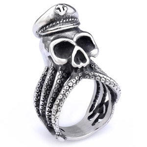 Anello vintage in acciaio inossidabile con teschio capitano e design a tentacoli