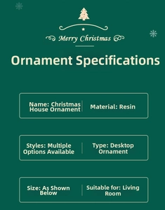 Detailed resin Christmas house ornament specifications on festive green background