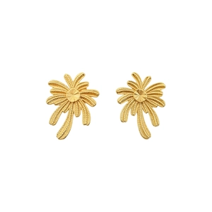 Elegant gold-plated palm tree stud earrings with fine texture on white background