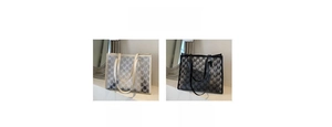Detail view of large tote bags in white and black with all-over M letter print pattern