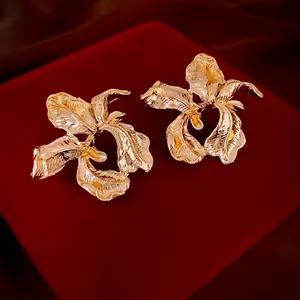 Irregular Flower Stud Earrings With Silver Earring Post Vintage Textured Iris Floral Metal Jewelry For Women