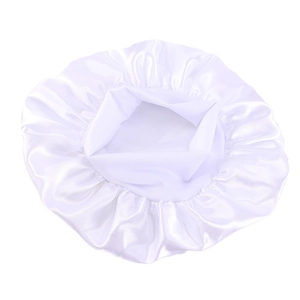 Detail of white satin sleep bonnet showing elastic wide band and silky fabric texture