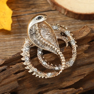 Macro shot of vintage snake brooch with black gemstone eyes and clear rhinestones