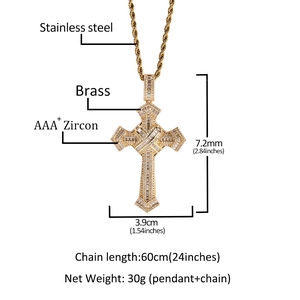 Hip hop style gold cross pendant necklace with AAA zircon and stainless steel chain