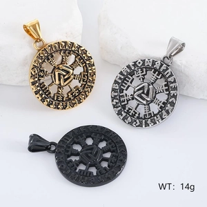 Nordic Viking rune round pendant necklaces in gold, silver and black stainless steel