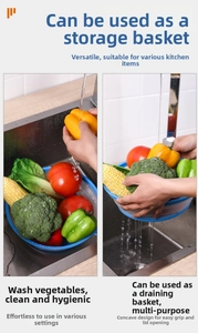 Collapsible kitchen colander basket for washing broccoli and peppers in sink