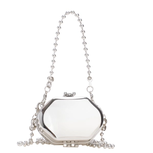 Silver octagonal metal mini bag with beaded chain strap for shoulder and crossbody use