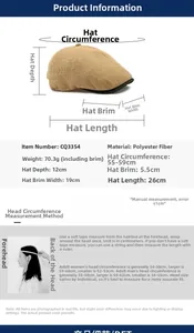 Tableau des tailles indiquant les dimensions et le tour de tête pour béret rétro kaki