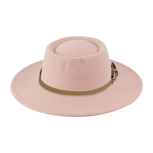 Detailed view of pink wool fedora with a brown leather strap and gold metal buckle