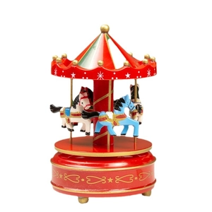 Classic red wooden carousel music box with hand-painted horses for festive home decor