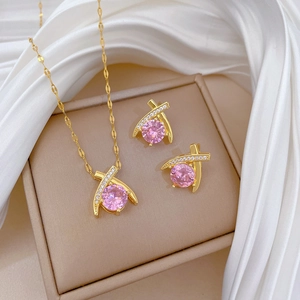 Necklace And Earrings Jewelry Cross X Shape Pink Zircon Titanium Steel Copper Silver Earring Post Elegant Banquet Women
