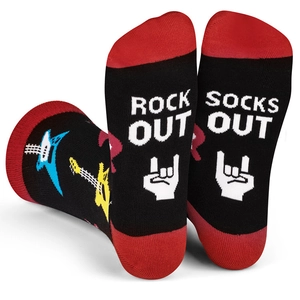 Detail of Rock Out slogan and electric guitar pattern on black cotton crew socks